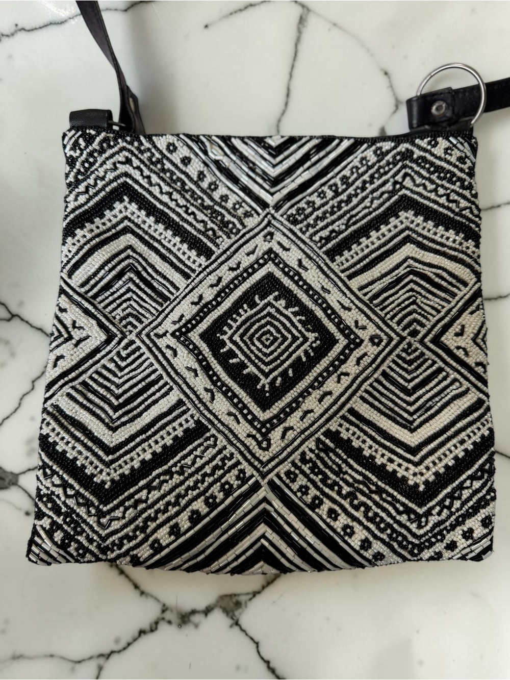 Christiana Hand-Beaded Crossbody Bag Black White Aztec Geometric Boho Purse